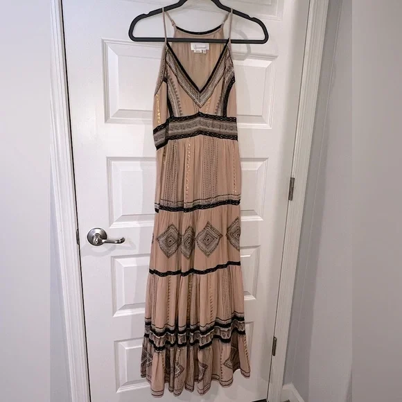 slim fit dress slacks Anthropologie Dress Maxi Womens Black Sleeveless Cotton Tassel Ties Black  Gold main image 0